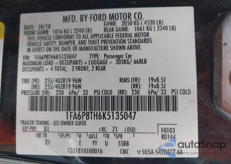 2019 Ford Mustang Ecoboost z USA, uszkodzony, nr VIN 1FA6P8TH6K5135047